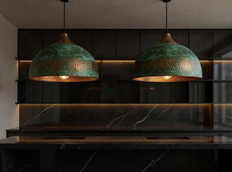 products-RusticGreenPatina22.jpg Handmade Hammered Copper Dome Pendant Light: Rustic Green Patina - Image 3