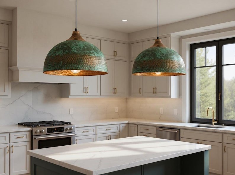 products-RusticGreenPatina55.jpg Handmade Hammered Copper Dome Pendant Light: Rustic Green Patina - Image 6