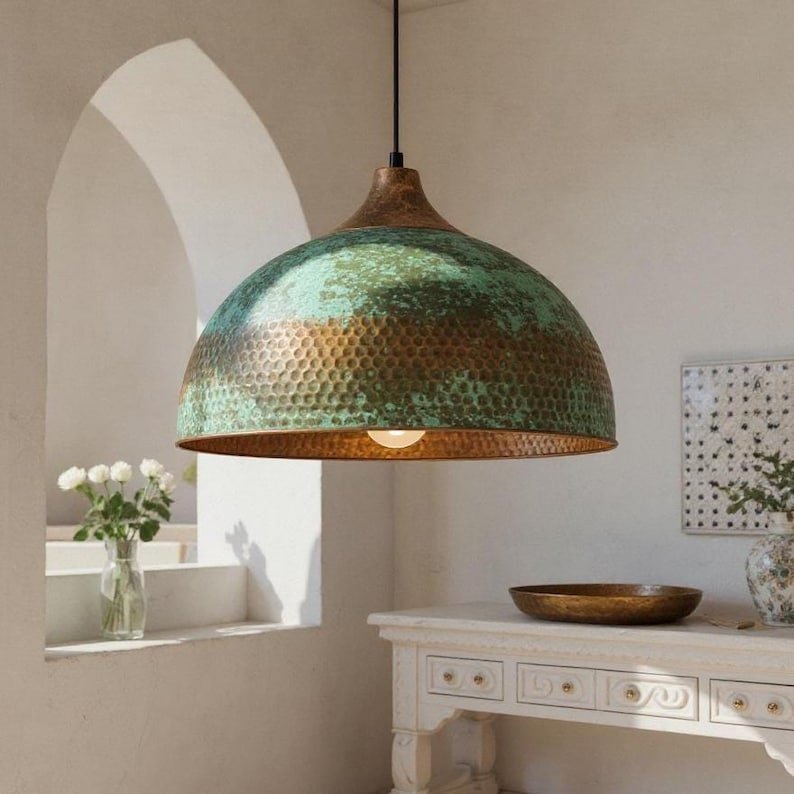 products-RusticGreenPatina66.jpg Handmade Hammered Copper Dome Pendant Light: Rustic Green Patina