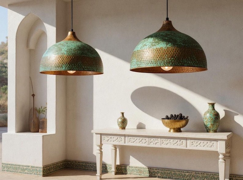 products-RusticGreenPatina77.jpg Handmade Hammered Copper Dome Pendant Light: Rustic Green Patina - Image 7