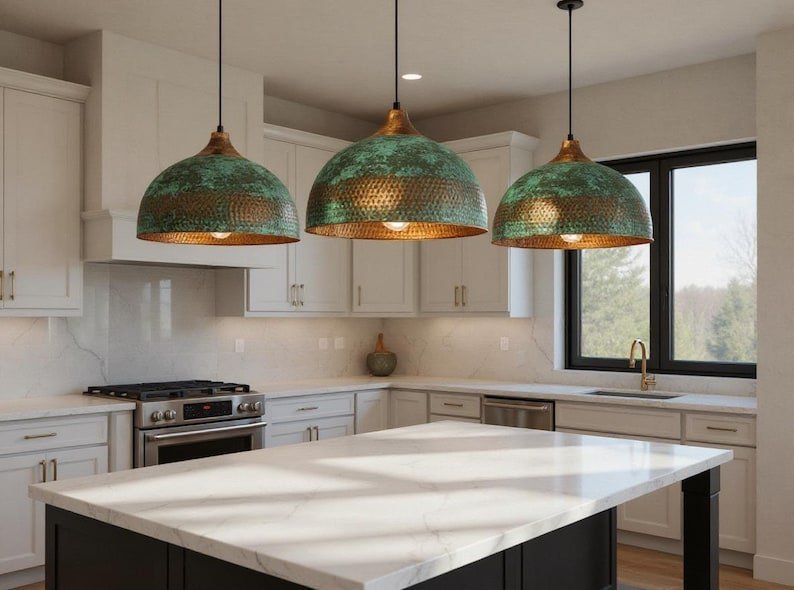 products-RusticGreenPatina99.jpg Handmade Hammered Copper Dome Pendant Light: Rustic Green Patina - Image 9