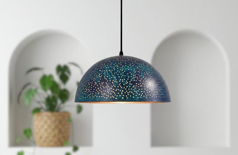 products-RusticKitchenIslandLighting4.jpg Handmade Blue Patina Copper Dome Pendant Light - Rustic Kitchen Island Lighting - Image 4