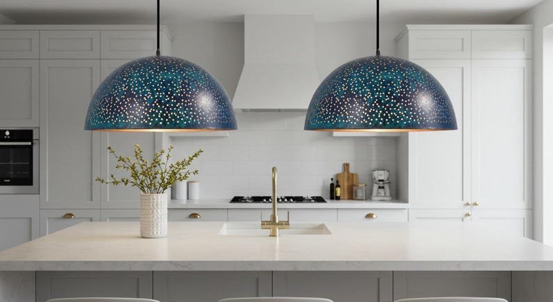products-RusticKitchenIslandLighting5.jpg Handmade Blue Patina Copper Dome Pendant Light - Rustic Kitchen Island Lighting - Image 5