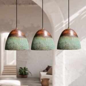 Set Of 3 Oxidized Copper Pendant Lights, Green Patina Farmhouse Light Fixture, Handmade Copper Ceiling Light