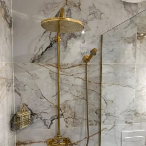 Antique Brass Exposed Pipe Shower System, Unlacquered Brass Shower System with Brass Handheld Shower Outdoor Shower Faucet Set Double Handle