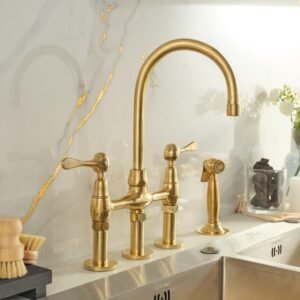 Unlacquered Brass 3 Hole Double Handle Bridge Kitchen Faucet with Side Sprayer & Cold Water Tap