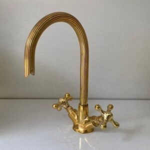 Gooseneck Bathroom Vanity Solid Brass Faucet, Unlacquered Brass with Single Cross Handles