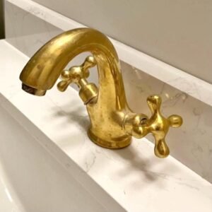 Unlacquered Brass Bathroom Faucet: Single Hole, Cross Handles, Pop-Up Drain