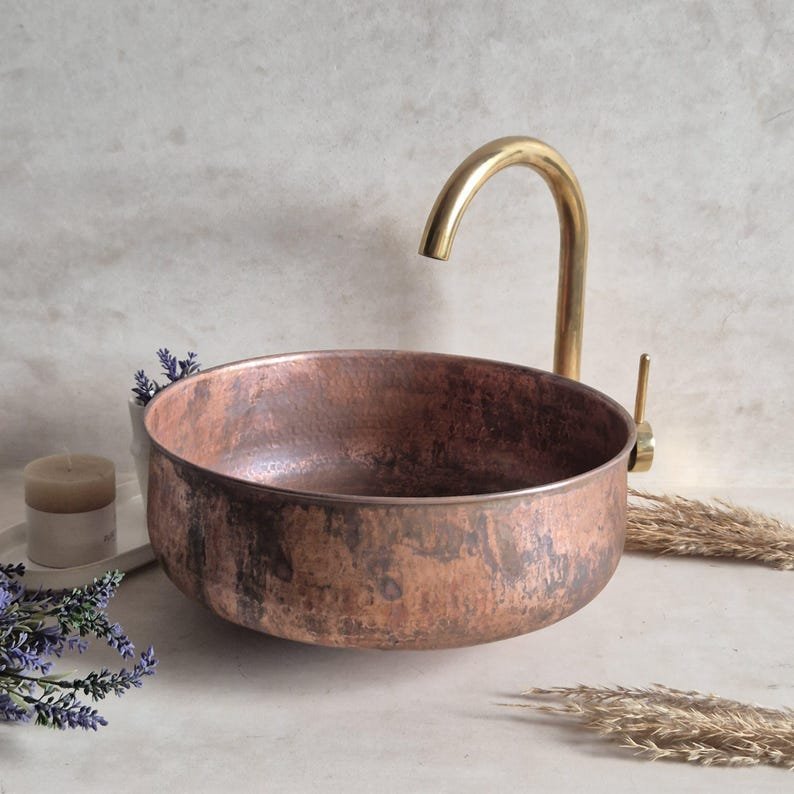 products-SinkRustic2.jpg Handmade Antique Copper Vessel Sink: Rustic Bathroom Basin - Image 2