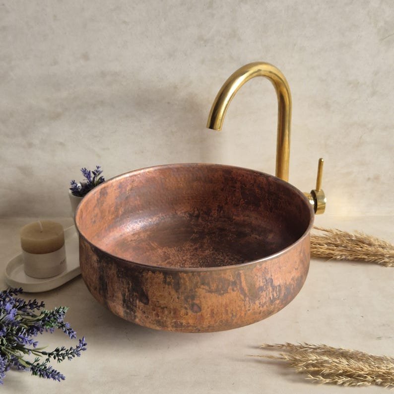 products-SinkRustic3.jpg Handmade Antique Copper Vessel Sink: Rustic Bathroom Basin - Image 3