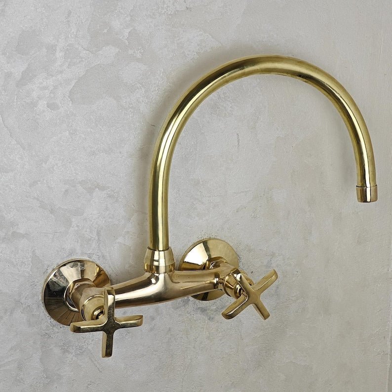 Unlacquered Brass Wall‑Mount Kitchen Faucet | Raw Brass Gooseneck Dual‑Handle Sink Tap – Vintage Farmhouse Patina‑Ready