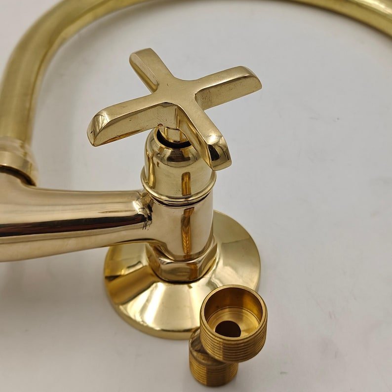 Unlacquered Brass Wall‑Mount Kitchen Faucet | Raw Brass Gooseneck Dual‑Handle Sink Tap – Vintage Farmhouse Patina‑Ready - Image 2