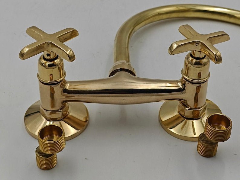 Unlacquered Brass Wall‑Mount Kitchen Faucet | Raw Brass Gooseneck Dual‑Handle Sink Tap – Vintage Farmhouse Patina‑Ready - Image 3