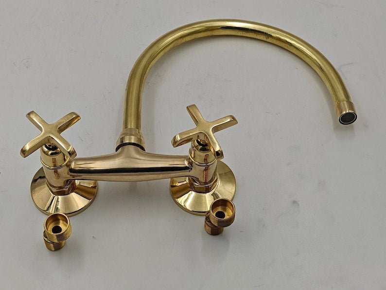 Unlacquered Brass Wall‑Mount Kitchen Faucet | Raw Brass Gooseneck Dual‑Handle Sink Tap – Vintage Farmhouse Patina‑Ready - Image 4