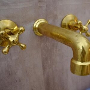 Vintage Brass Wall Mount Faucet , Built In Bathroom Vanity Faucet , Cross Handle Sink Faucet , Solid Brass Bathroom Fixture