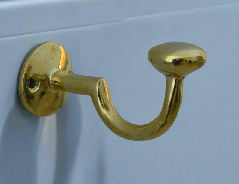 products-SolidBrassHook2.jpg Solid Brass Hook, Unlacquered Brass Hooks, Vintage Antique Brass Wall Hook - Image 2
