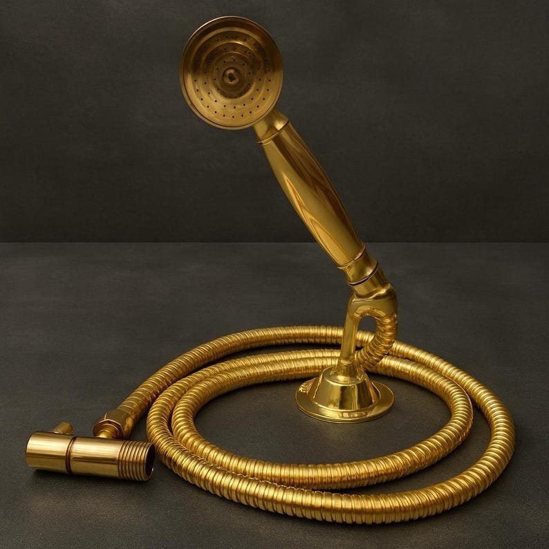 products-SolidBrassHose1.jpg Unlacquered Brass Handheld Shower Set: Vintage Wall Mount, Solid Brass Hose
