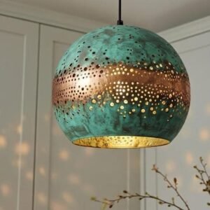 Handmade Hammered Copper Pendant Light - Moroccan Patina Swirl Design