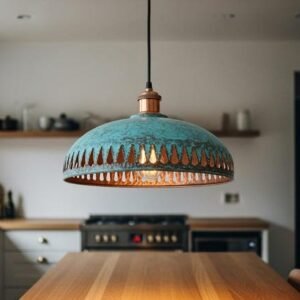 Moroccan Patina Brass Pendant Light: Teardrop Cutout Dome Lamp
