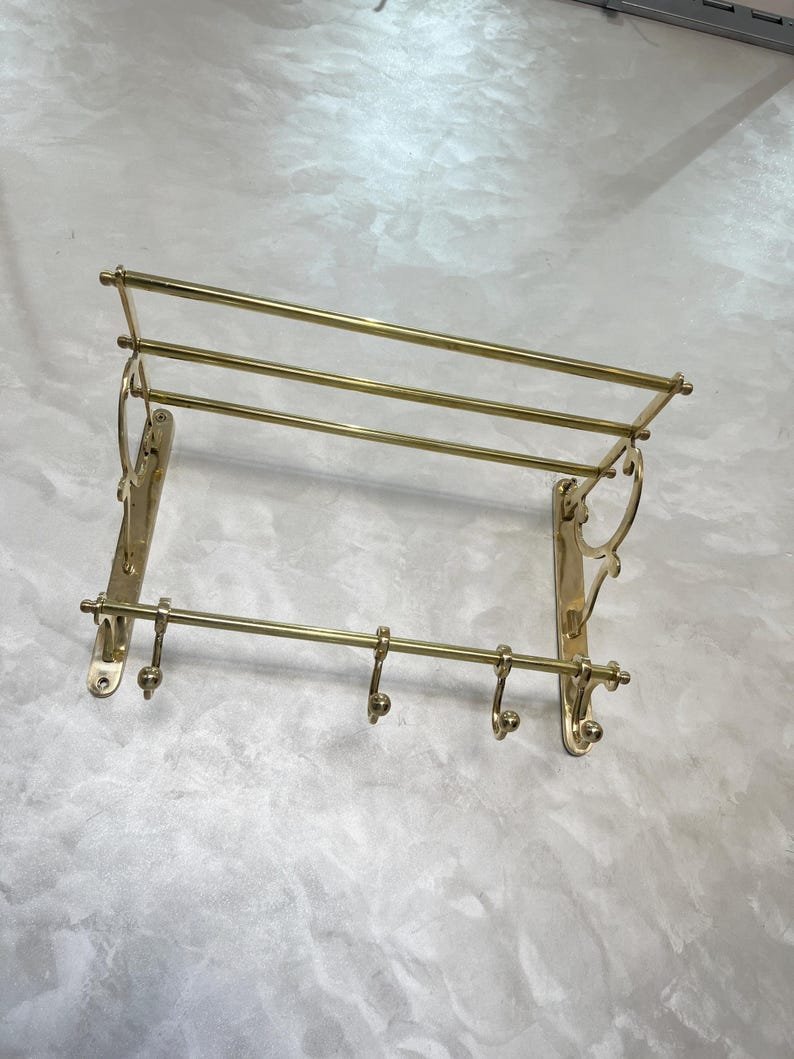 products-Towels_Clothes1.jpg Unlacquered Brass Bathroom Shelf with Hooks, Handmade Towel Rack, Brass Storage Shelf, Wall Brass Organizer for Towels & Clothes - Image 2