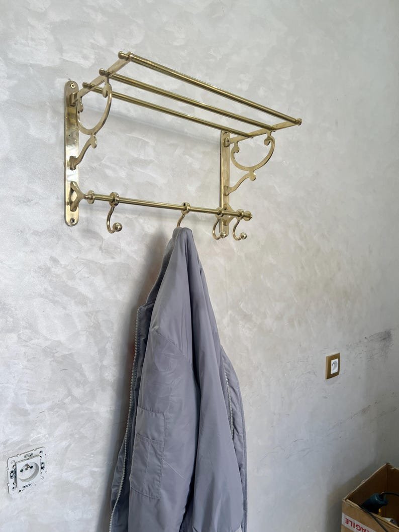 products-Towels_Clothes2.jpg Unlacquered Brass Bathroom Shelf with Hooks, Handmade Towel Rack, Brass Storage Shelf, Wall Brass Organizer for Towels & Clothes - Image 3