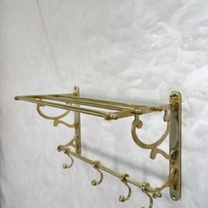 Unlacquered Brass Bathroom Shelf with Hooks, Handmade Towel Rack, Brass Storage Shelf, Wall Brass Organizer for Towels & Clothes