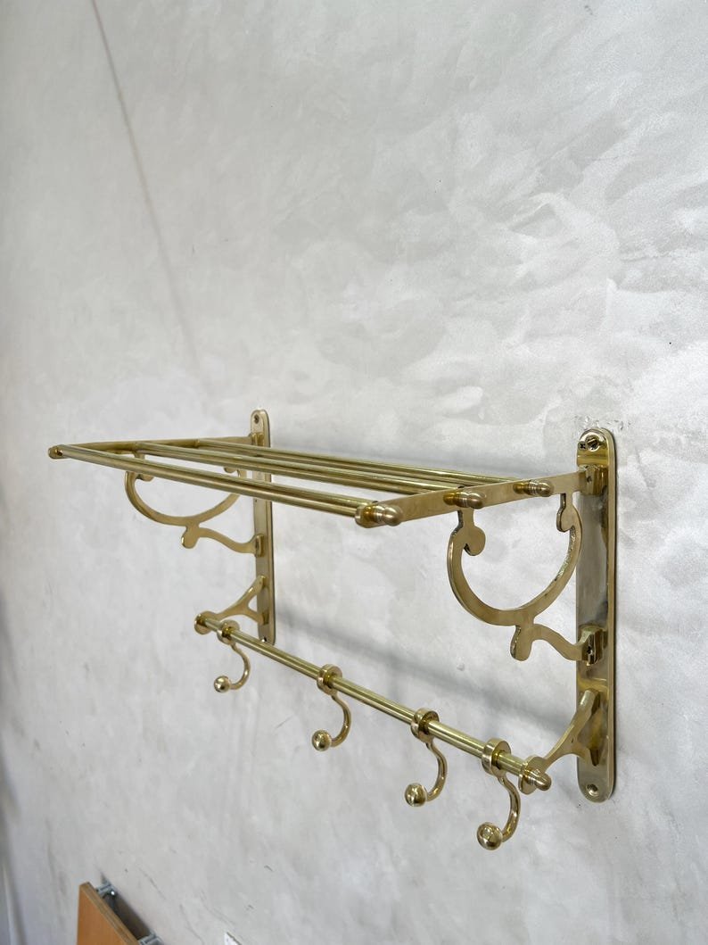 products-Towels_Clothes3.jpg Unlacquered Brass Bathroom Shelf with Hooks, Handmade Towel Rack, Brass Storage Shelf, Wall Brass Organizer for Towels & Clothes