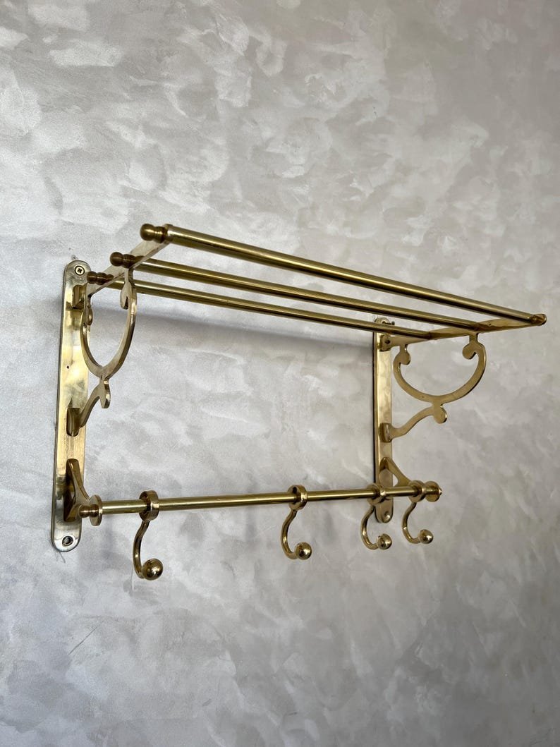 products-Towels_Clothes4.jpg Unlacquered Brass Bathroom Shelf with Hooks, Handmade Towel Rack, Brass Storage Shelf, Wall Brass Organizer for Towels & Clothes - Image 9