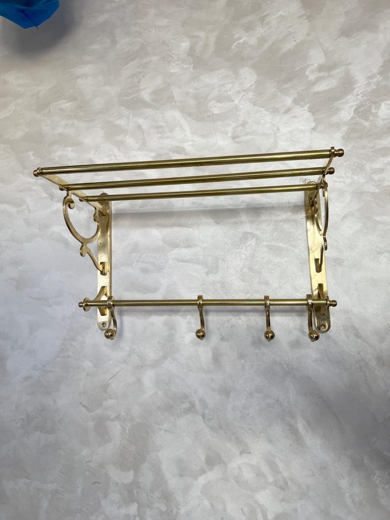 products-Towels_Clothes5.jpg Unlacquered Brass Bathroom Shelf with Hooks, Handmade Towel Rack, Brass Storage Shelf, Wall Brass Organizer for Towels & Clothes - Image 7