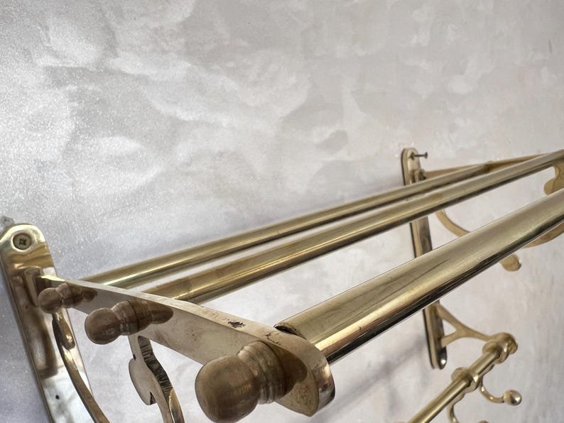 products-Towels_Clothes7.jpg Unlacquered Brass Bathroom Shelf with Hooks, Handmade Towel Rack, Brass Storage Shelf, Wall Brass Organizer for Towels & Clothes - Image 8