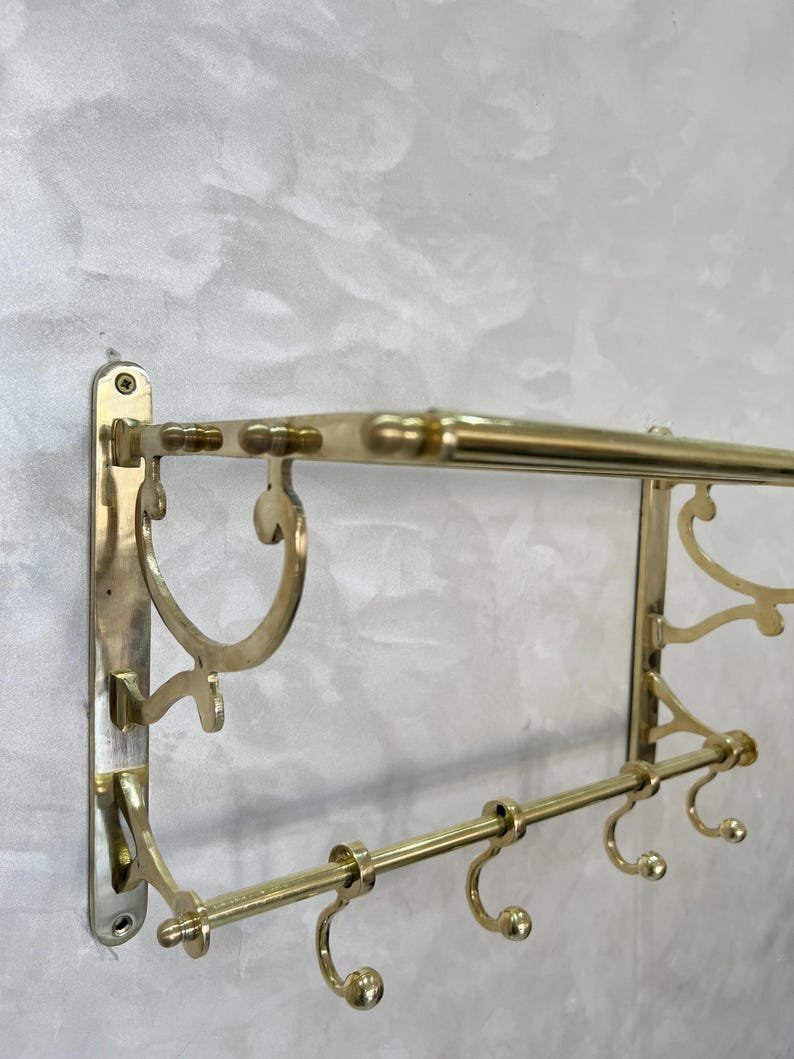 products-Towels_Clothes8.jpg Unlacquered Brass Bathroom Shelf with Hooks, Handmade Towel Rack, Brass Storage Shelf, Wall Brass Organizer for Towels & Clothes - Image 4