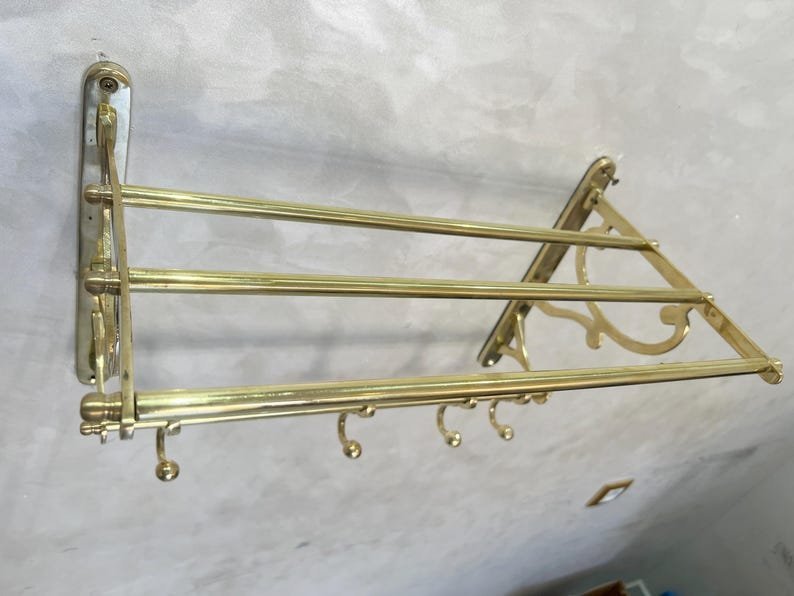 products-Towels_Clothes9.jpg Unlacquered Brass Bathroom Shelf with Hooks, Handmade Towel Rack, Brass Storage Shelf, Wall Brass Organizer for Towels & Clothes - Image 6