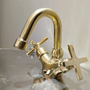 Unlacquered Brass Gooseneck Bathroom Faucet: Single Hole, Cross Handle