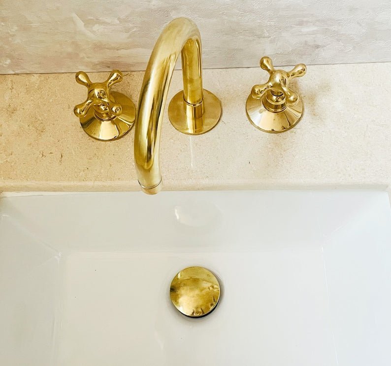 products-Unlacquereds1.jpg Deck Mounted Unlacquered Brass Faucet, 3-Hole Vanity Bathroom Fixture - Image 3