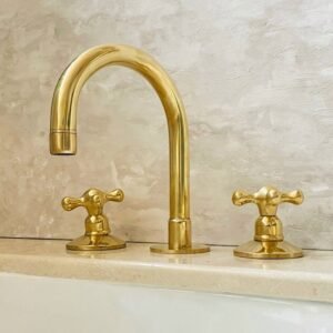 Deck Mounted Unlacquered Brass Faucet, 3-Hole Vanity Bathroom Fixture