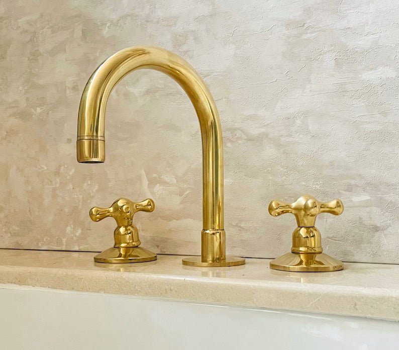 products-Unlacquereds2.jpg Deck Mounted Unlacquered Brass Faucet, 3-Hole Vanity Bathroom Fixture
