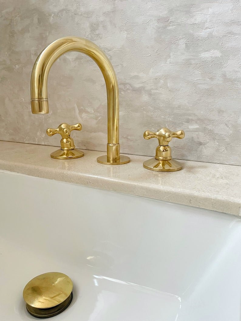products-Unlacquereds4.jpg Deck Mounted Unlacquered Brass Faucet, 3-Hole Vanity Bathroom Fixture - Image 2