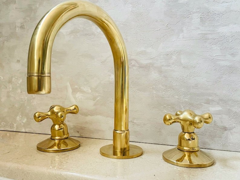 products-Unlacquereds5.jpg Deck Mounted Unlacquered Brass Faucet, 3-Hole Vanity Bathroom Fixture - Image 4