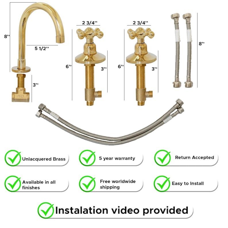 products-Unlacquereds6.jpg Deck Mounted Unlacquered Brass Faucet, 3-Hole Vanity Bathroom Fixture - Image 5