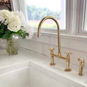Antique Brass Kitchen Bridge Faucet - Unlacquered Solid Brass Sink Fixture with Various Handles And Straight Legs