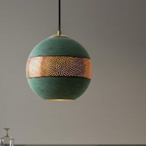 Handmade Moroccan Copper Pendant Light Set: Verdigris Patina Dome Lamps