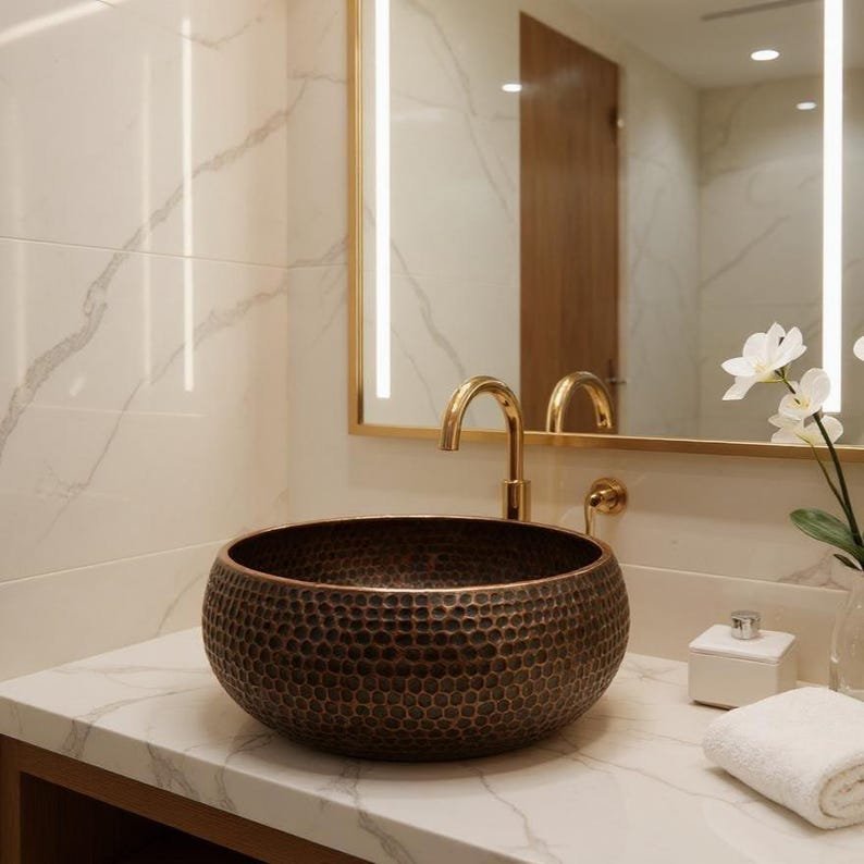 products-VesselBasin1.jpg Handmade Hammered Copper Sink: Moroccan Honeycomb Vessel Basin