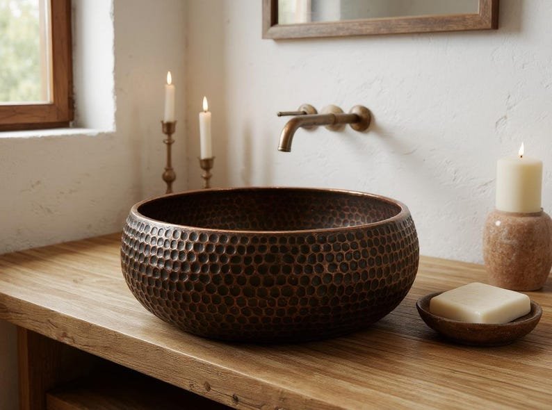 products-VesselBasin4.jpg Handmade Hammered Copper Sink: Moroccan Honeycomb Vessel Basin - Image 4