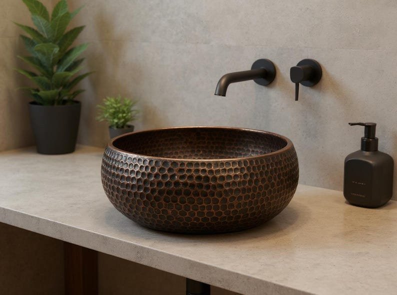 products-VesselBasin7.jpg Handmade Hammered Copper Sink: Moroccan Honeycomb Vessel Basin - Image 6