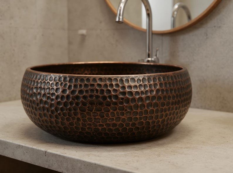 products-VesselBasin9.jpg Handmade Hammered Copper Sink: Moroccan Honeycomb Vessel Basin - Image 8