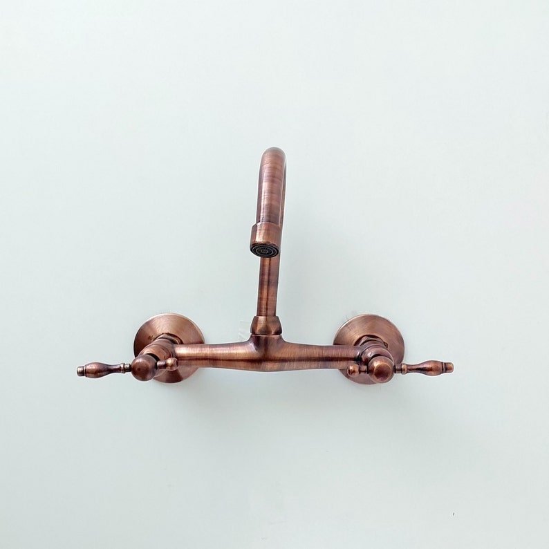 8" Copper Gooseneck Wall Mount Faucet with Lever Handles - Vintage 2 Hole Bathroom Tap, Wall Mounted - Image 2