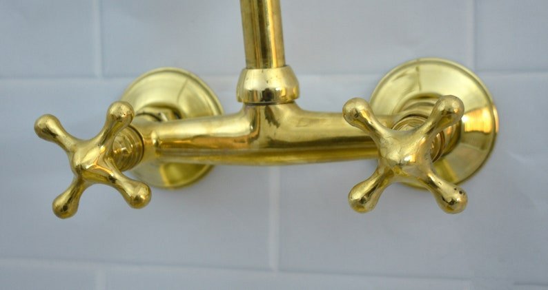 Solid Brass Kitchen Faucet, Vintage wall Mounted Bridge Faucet - Image 4