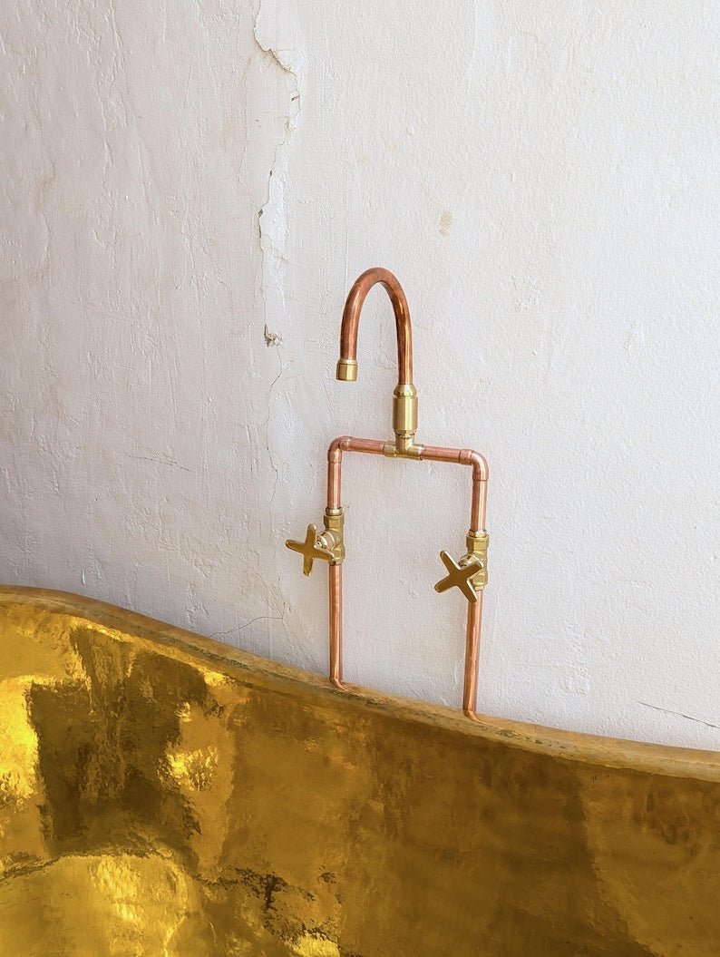 Unlacquered Brass Freestanding Tub Filler: Floor Mounted Shower Faucet, Vintage Clawfoot Bathtub Copper Faucet - Image 2