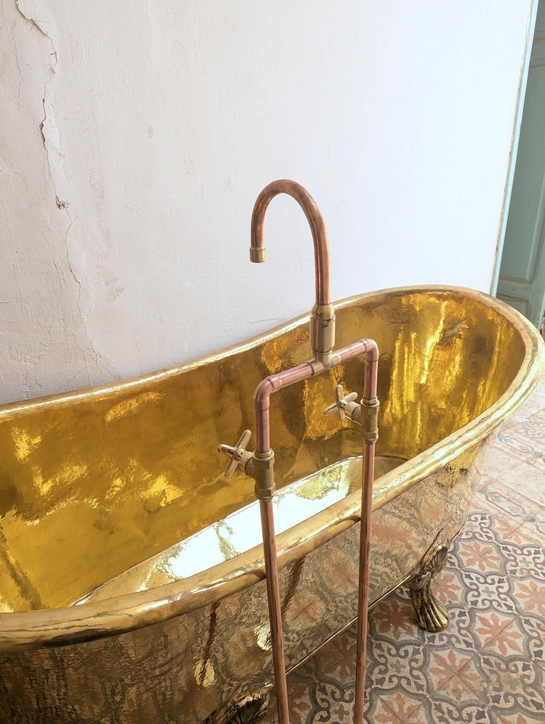 Unlacquered Brass Freestanding Tub Filler: Floor Mounted Shower Faucet, Vintage Clawfoot Bathtub Copper Faucet - Image 3