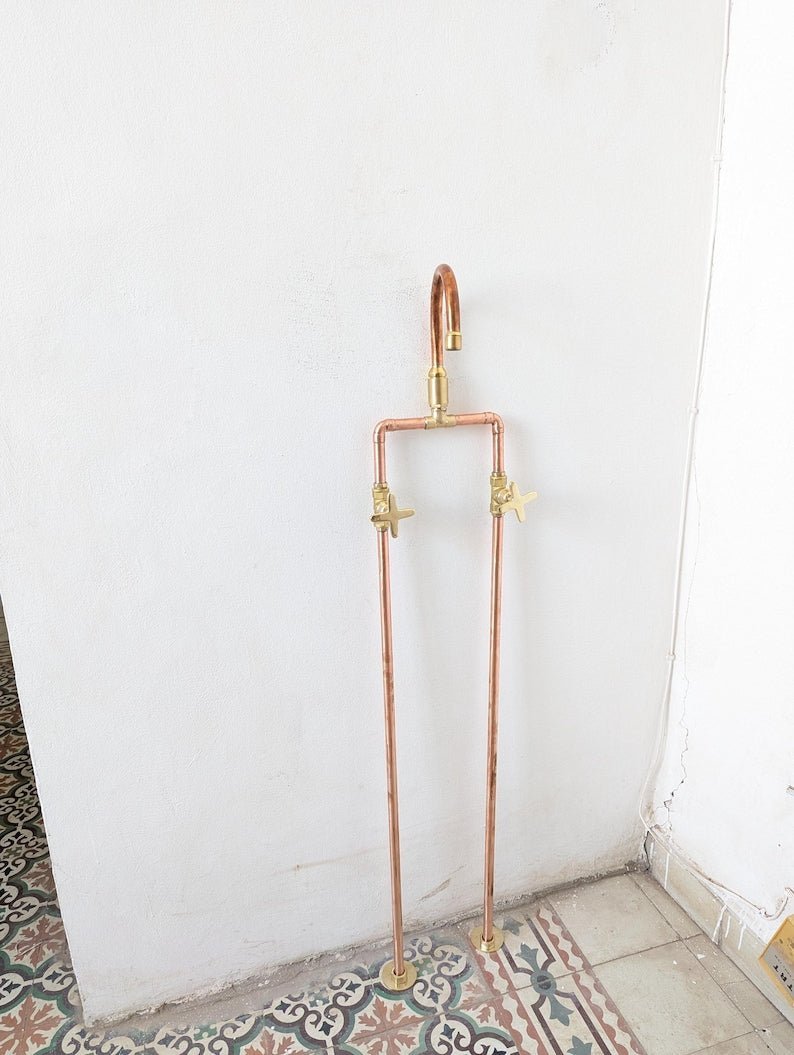 Unlacquered Brass Freestanding Tub Filler: Floor Mounted Shower Faucet, Vintage Clawfoot Bathtub Copper Faucet - Image 4